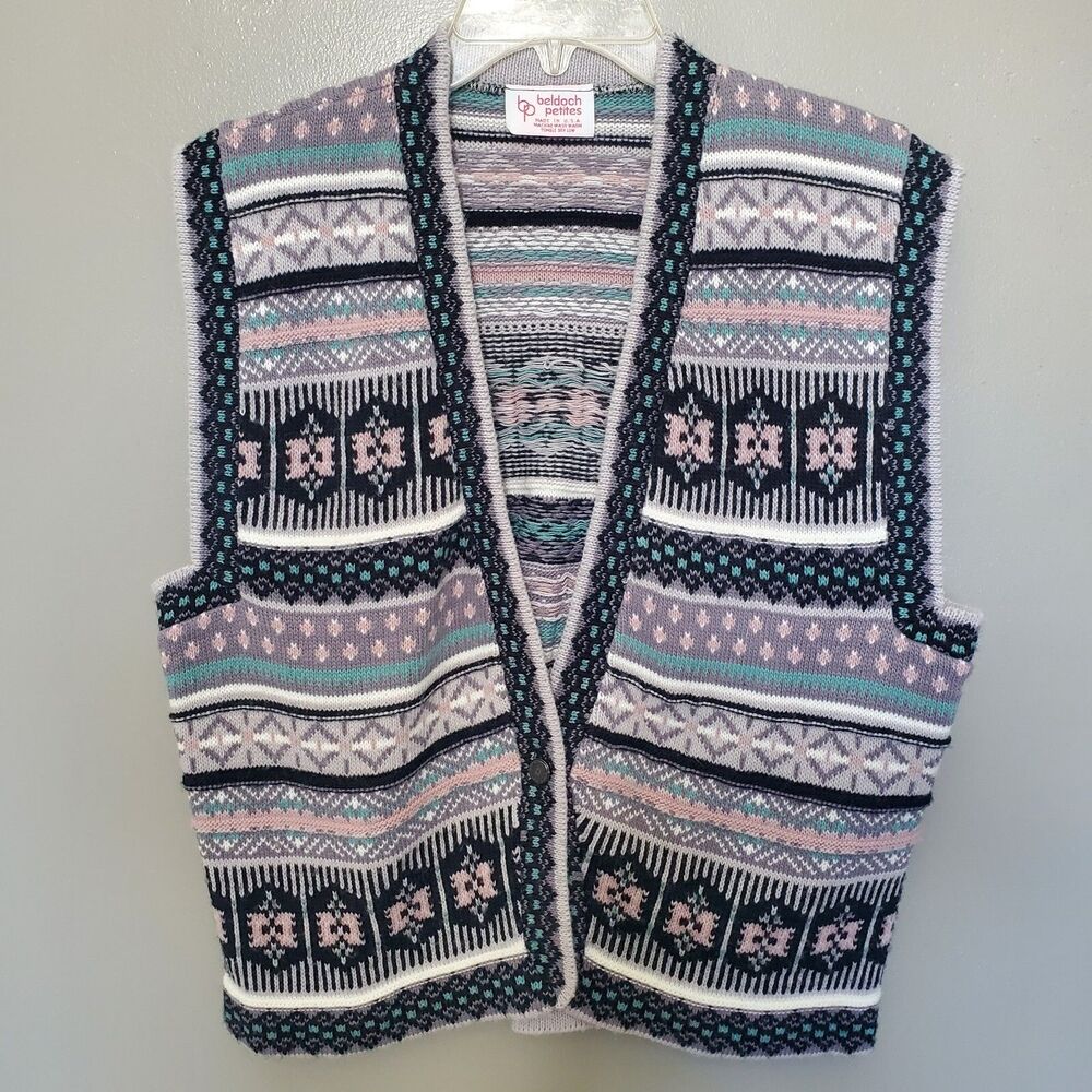 Vintage Beldoch Petites Knit Sweater Vest Multicolor Print Button Stretch USA